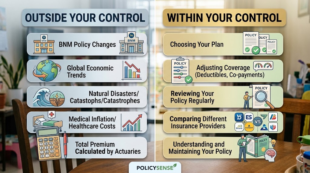Chart comparing what you can and can't control on your medical inflation Malaysia insurance premium
