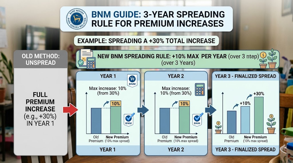 Infographic explaining BNM's 10% annual cap on medical inflation Malaysia insurance premium hikes